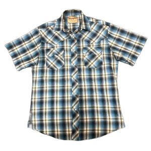 Wrangler Western Pearl Snap Shirt Short Sleeve Blue Metallic Plaid Size Large